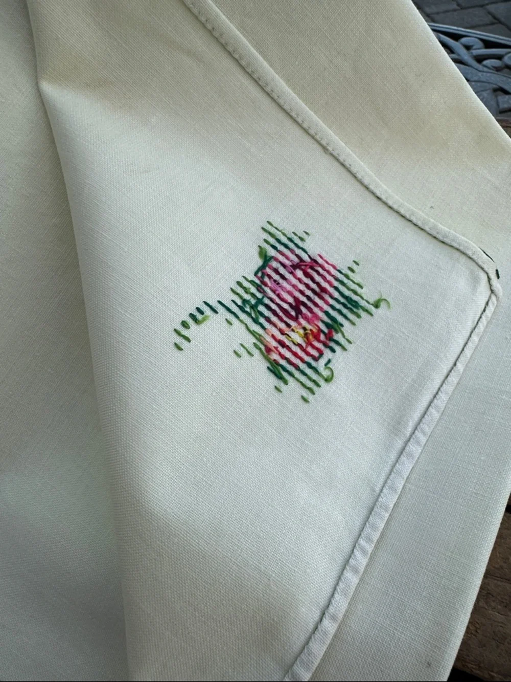 10 Soft Yellow Hand Embroidered Floral  Cotton 16 x 16 Napkins with Green Trim